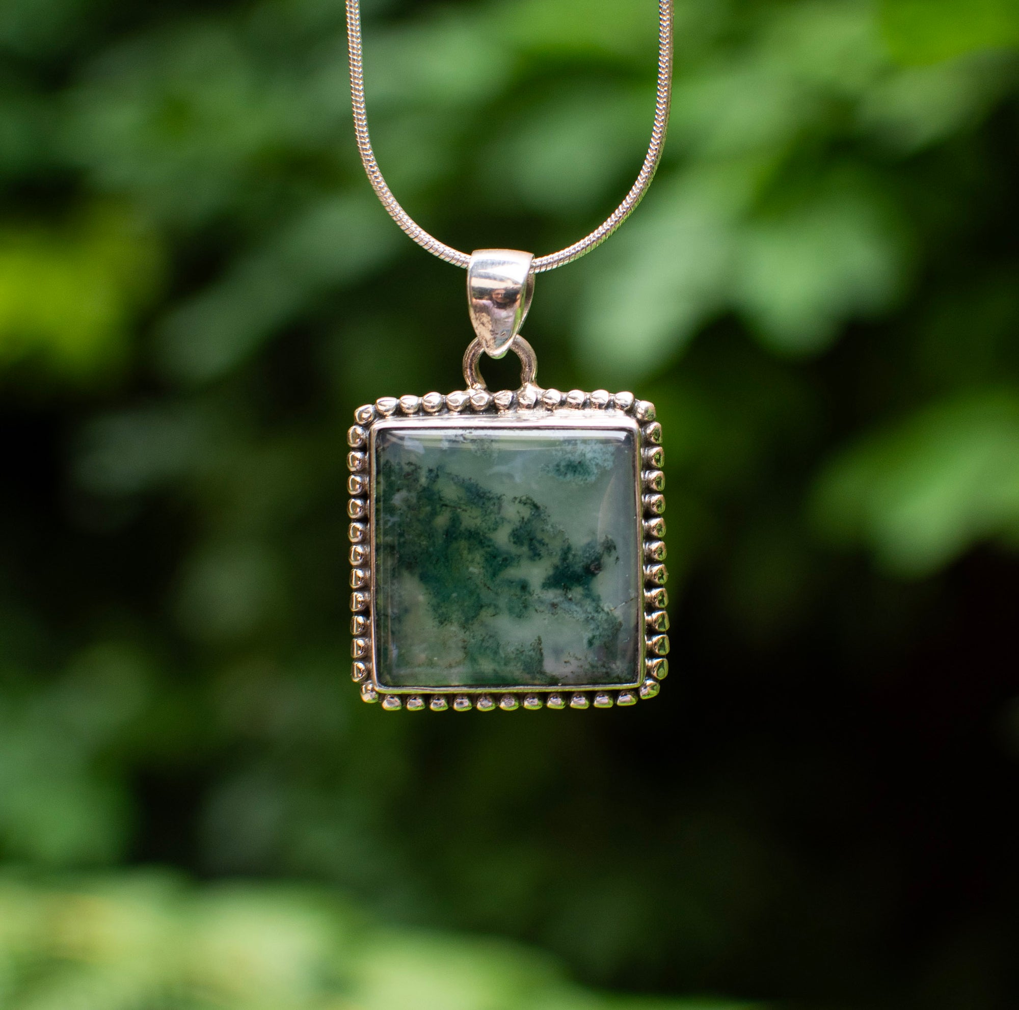 Square Green Moss Agate Pendant