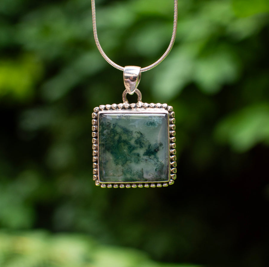 Square Green Moss Agate Pendant