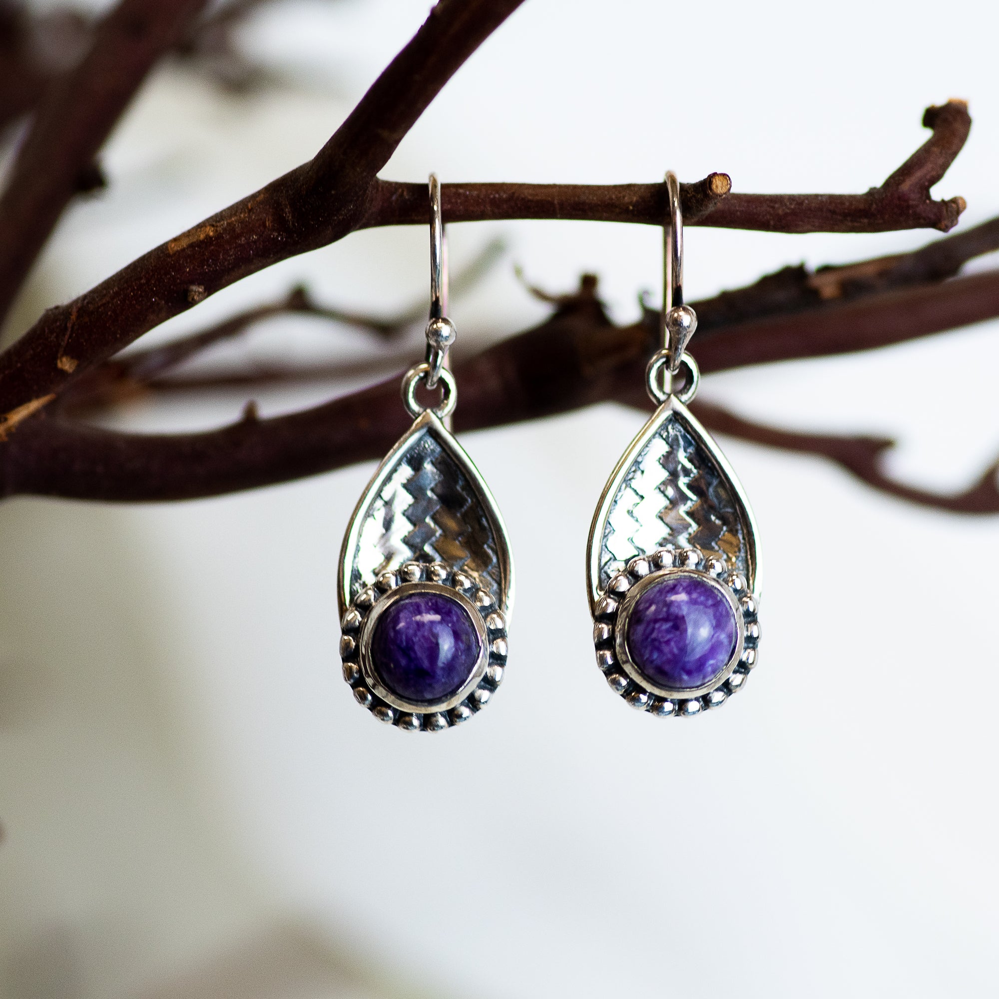 Sterling Silver Woven Charoite Earrings