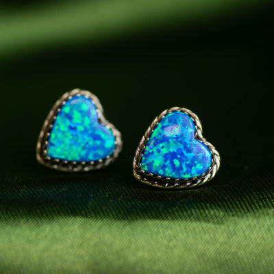 Blue Opal Heart Studs