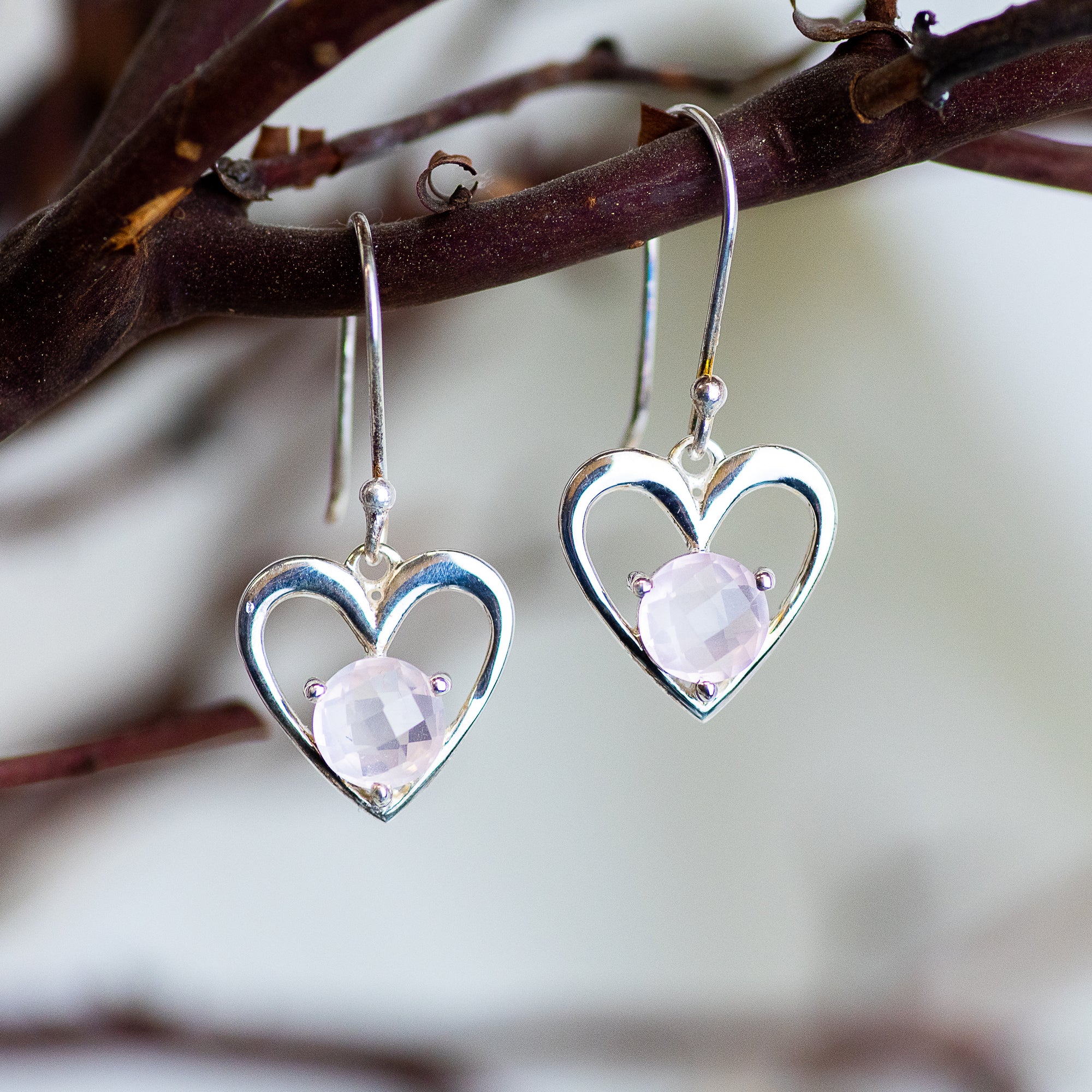 Sterling Silver Heart Rose Quartz Earrings