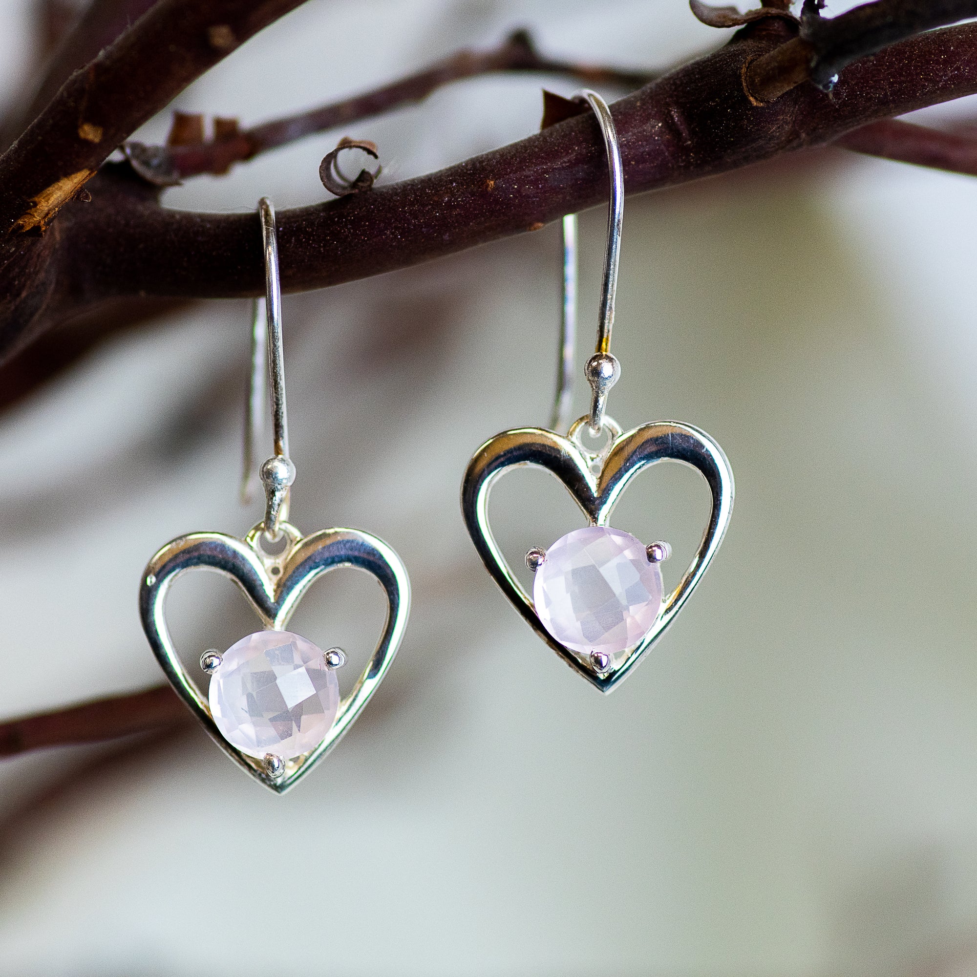 Sterling Silver Heart Rose Quartz Earrings