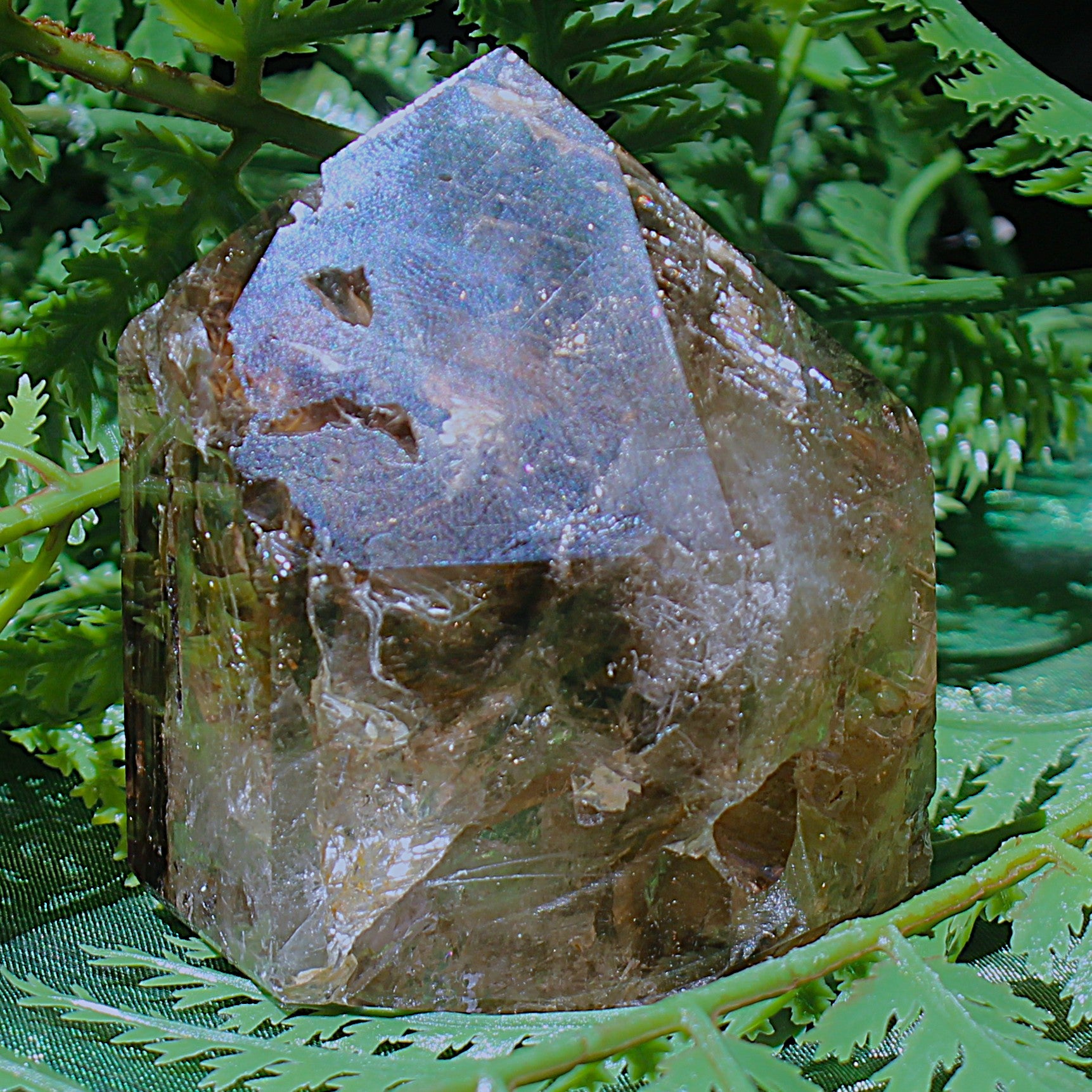 Smokey Quartz with Calcite and Goethite Point