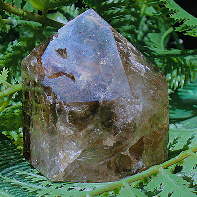 Smokey Quartz with Calcite and Goethite Point