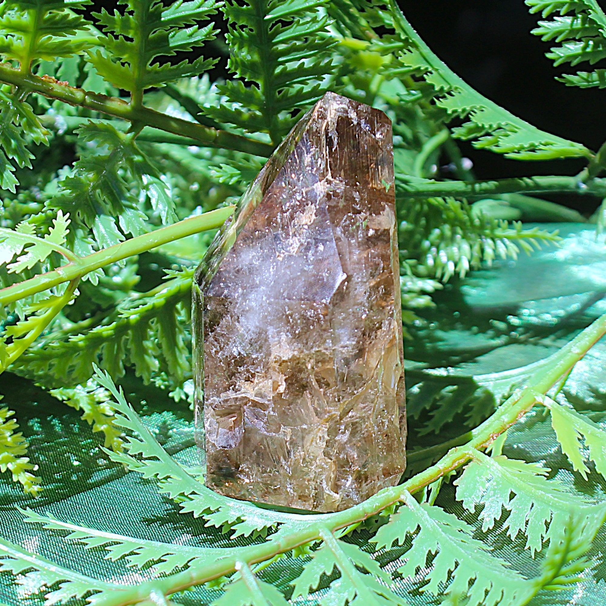 Smokey Quartz with Calcite and Goethite Point