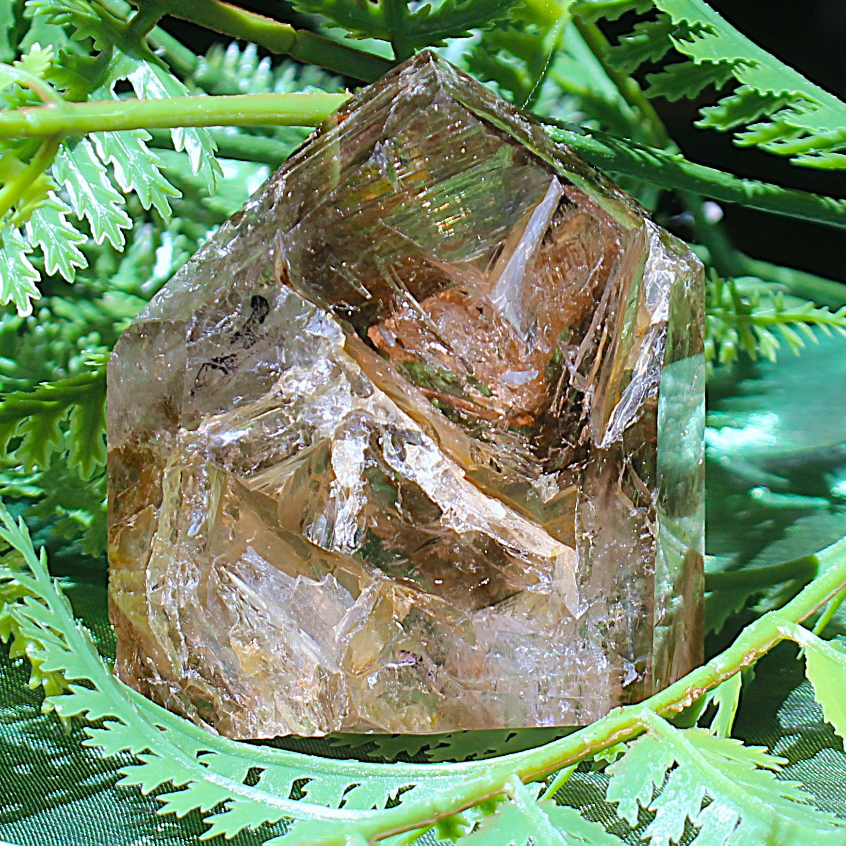 Smokey Quartz with Calcite and Goethite Point