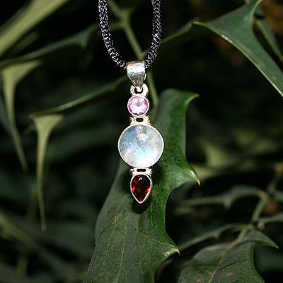 Rainbow Moonstone, Amethyst, and Garnet Pendant