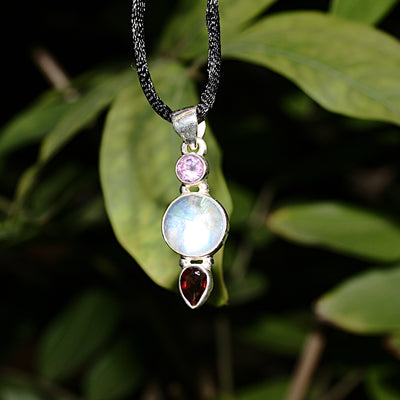 Rainbow Moonstone, Amethyst, and Garnet Pendant