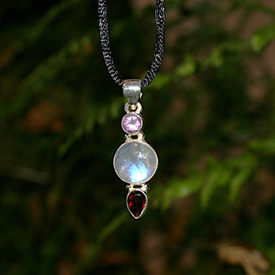 Rainbow Moonstone, Amethyst, and Garnet Pendant