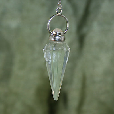 Faceted Clear Quartz and Rainbow Moonstone Pendulum