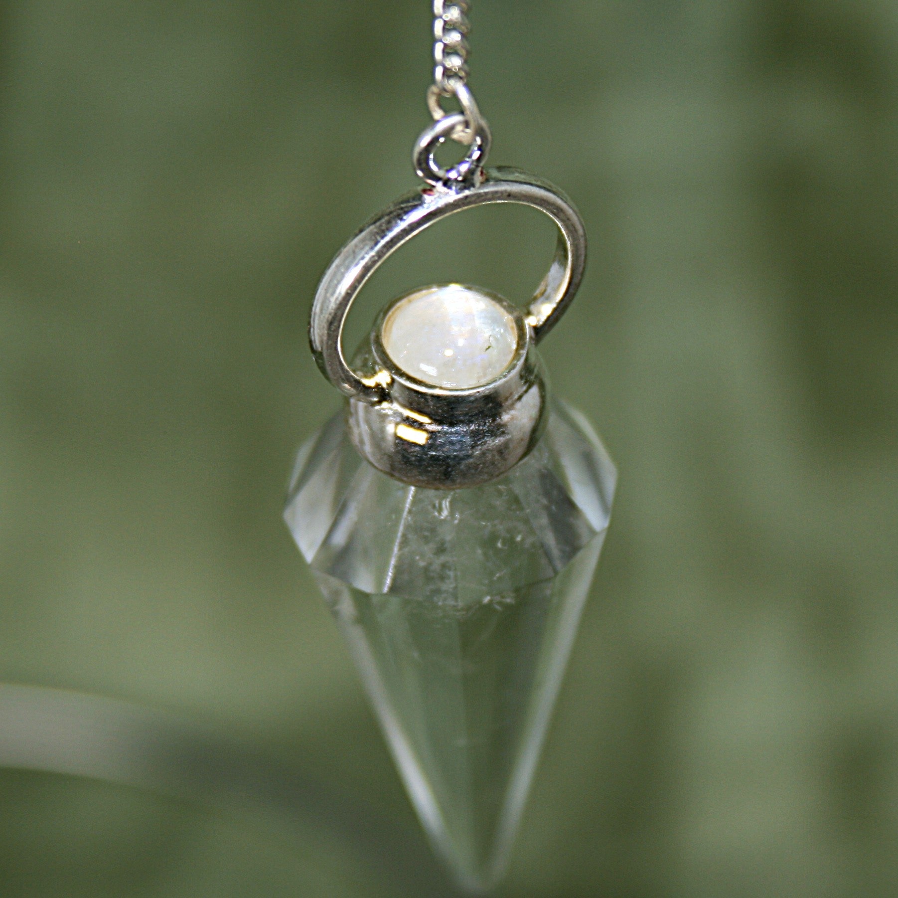 Faceted Clear Quartz and Rainbow Moonstone Pendulum