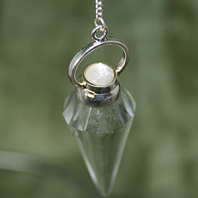 Faceted Clear Quartz and Rainbow Moonstone Pendulum