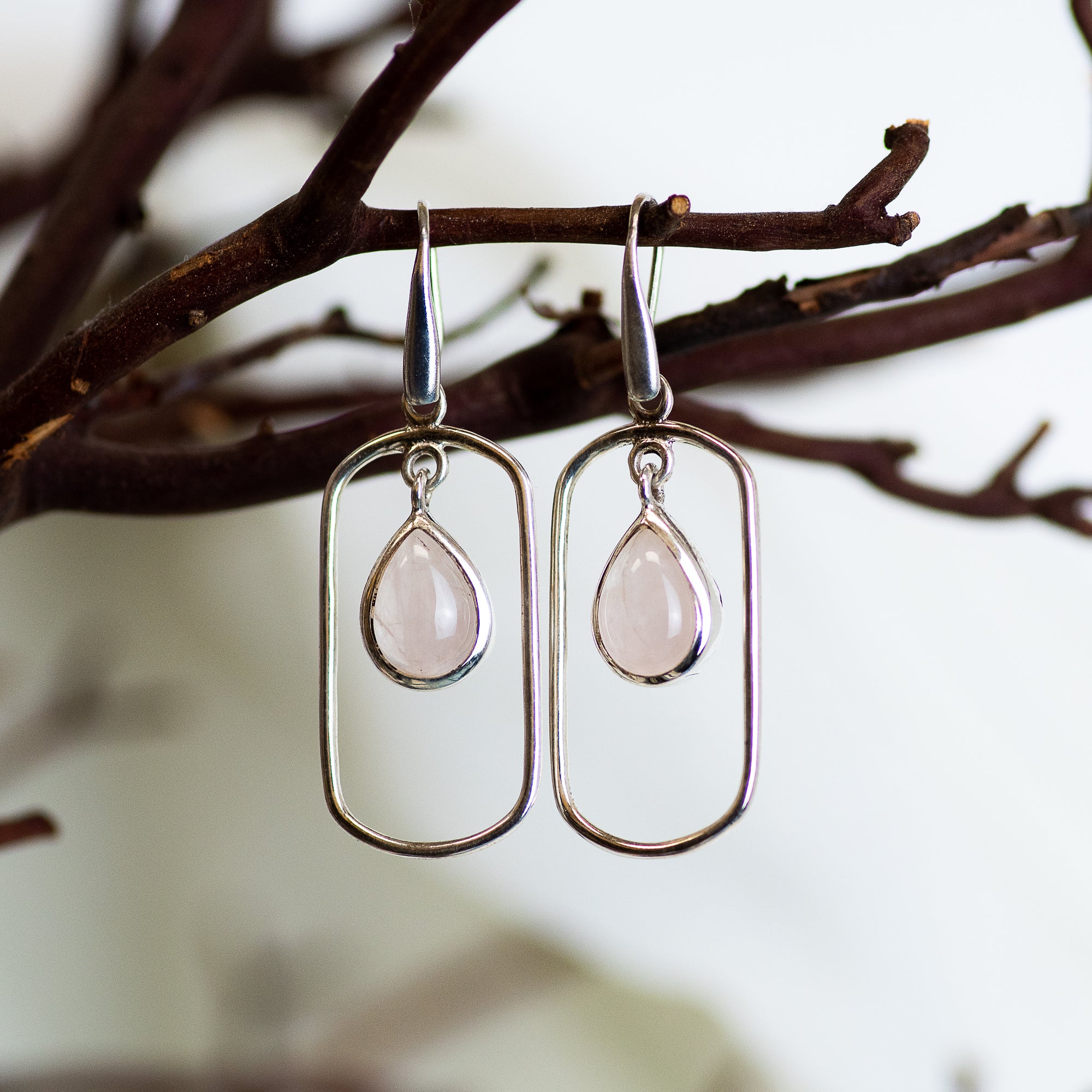 Sterling Silver Rose Quartz Frame Earrings