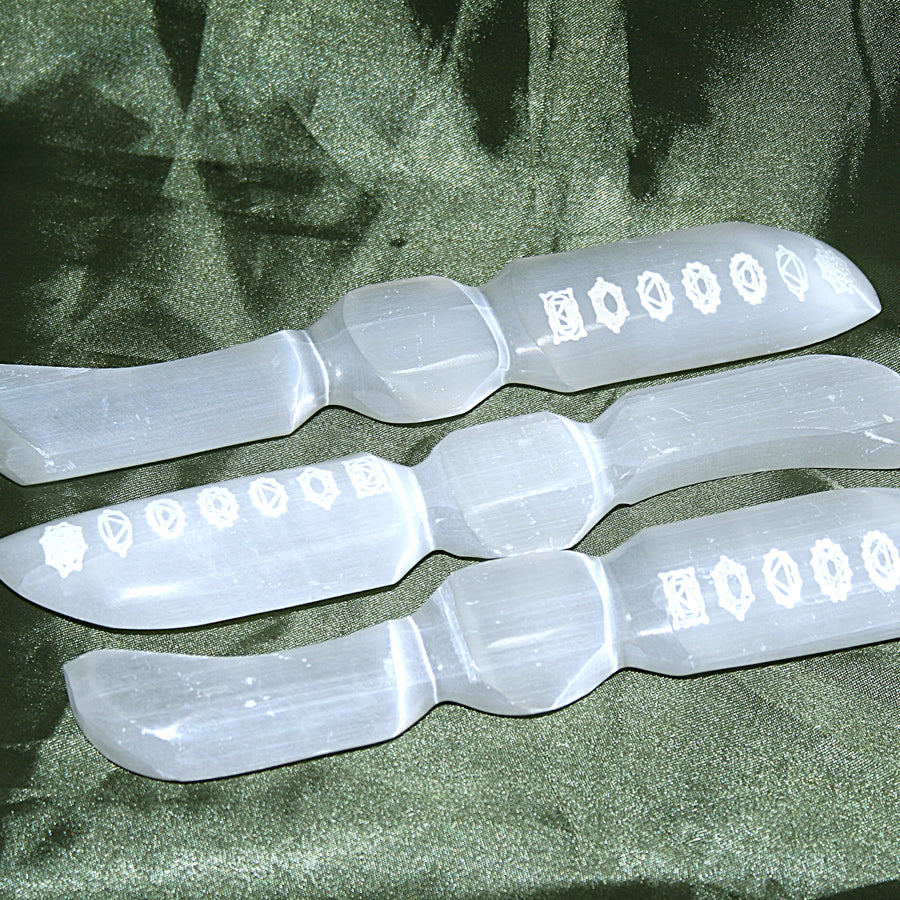 Selenite Dagger with Chakra Symbols (Multiple Available)