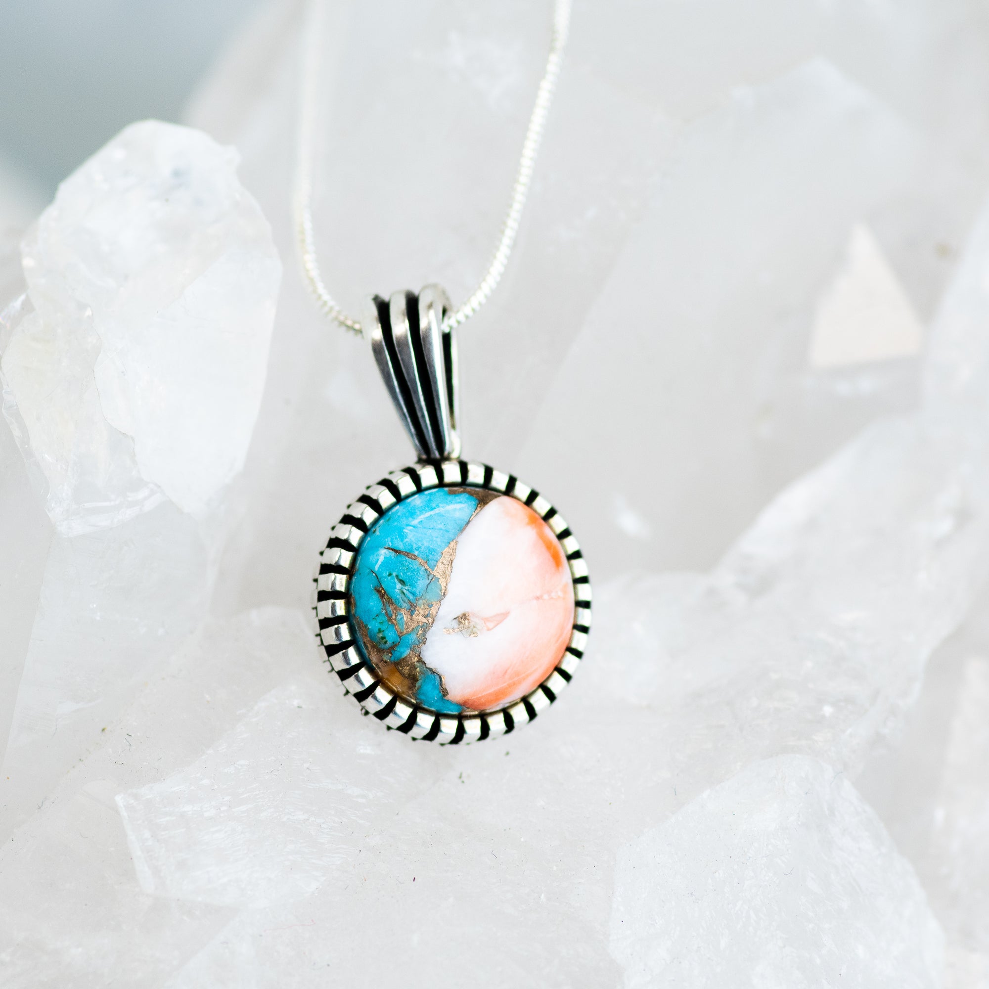 Spiny Oyster W/Ornate setting/backside - Sterling Silver Necklace