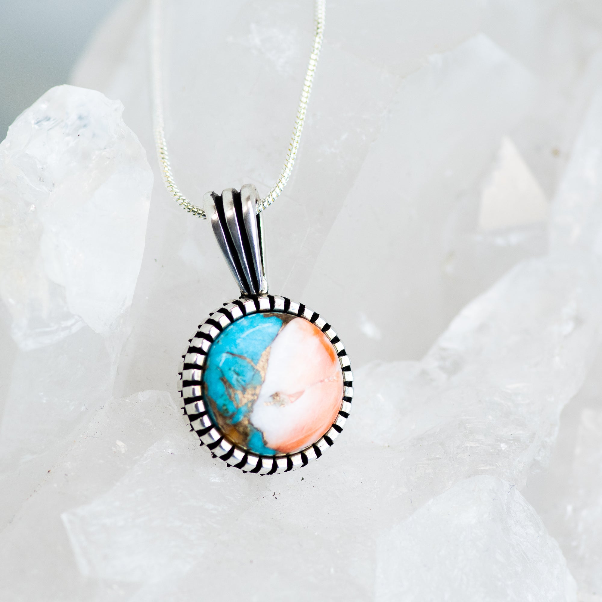 Spiny Oyster W/Ornate setting/backside - Sterling Silver Necklace