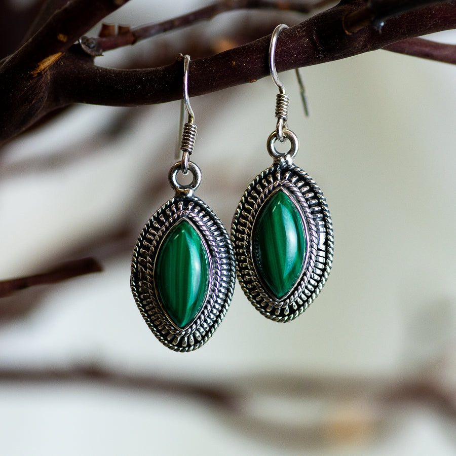 Sterling Silver Malachite Earrings with southwestern styled silver
