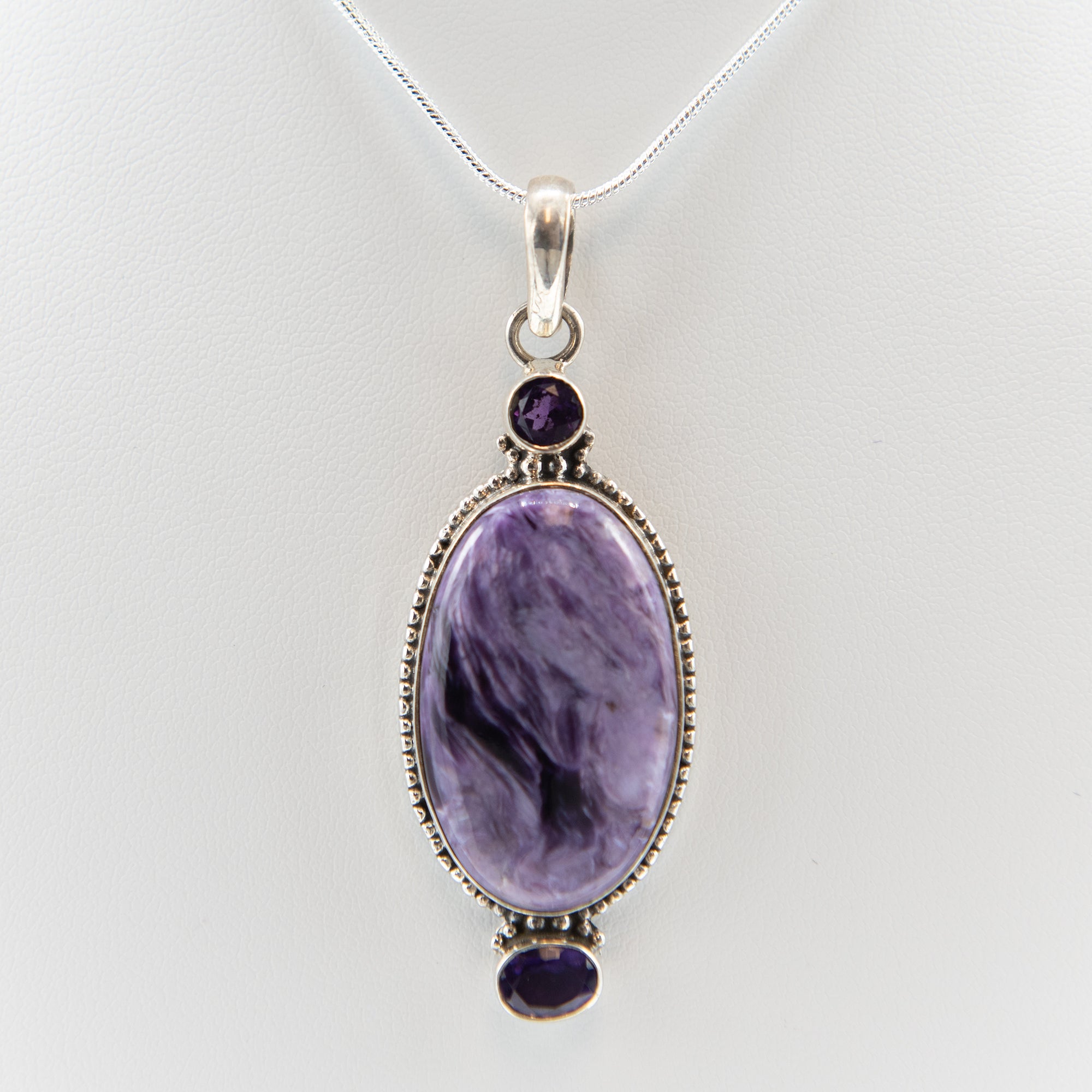 Charoite with Amethyst Sterling Silver Pendant