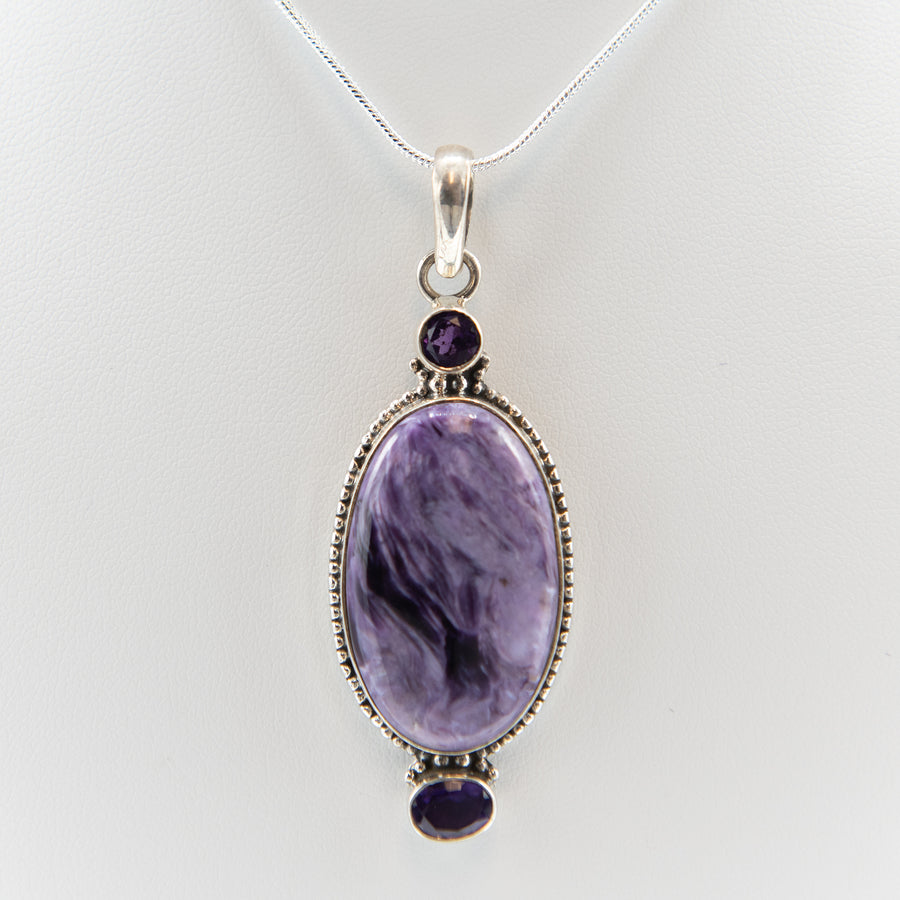 Charoite with Amethyst Sterling Silver Pendant