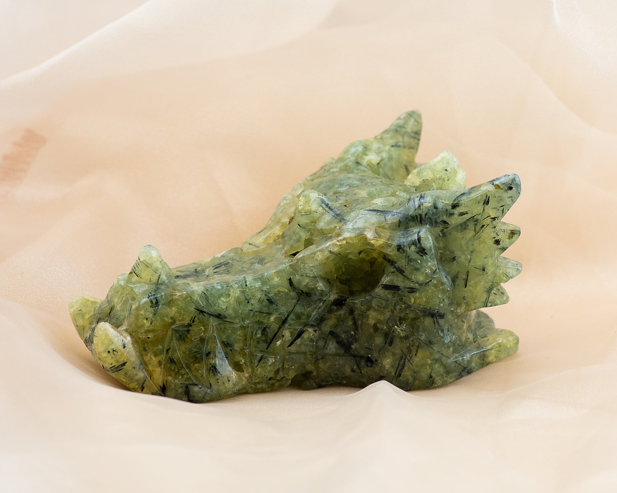 Prehnite with Epidote Carved Dragon Skull