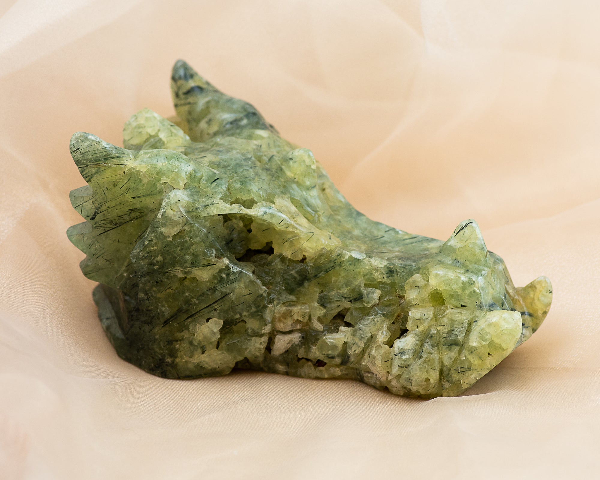 Prehnite with Epidote Carved Dragon Skull