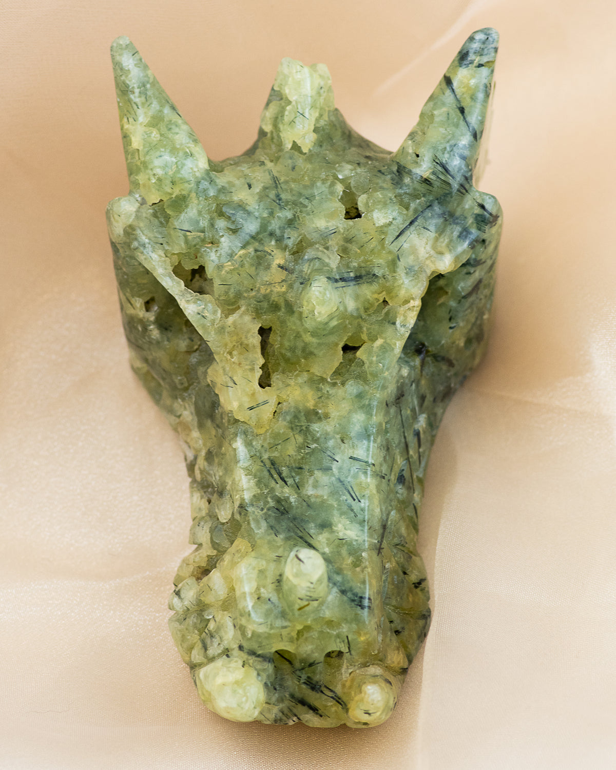 Prehnite with Epidote Carved Dragon Skull