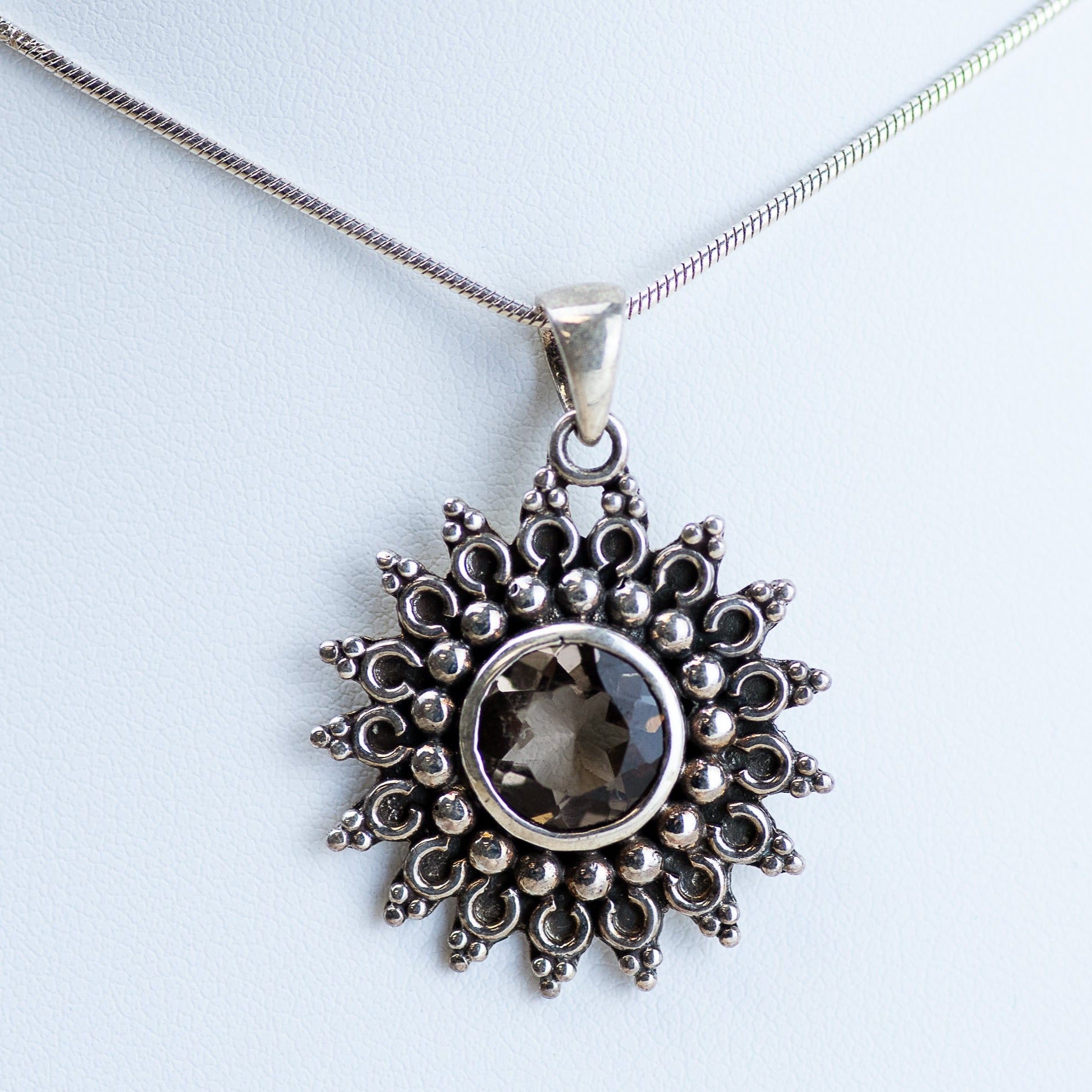 Smoky Quartz Sun Sterling Silver Necklace